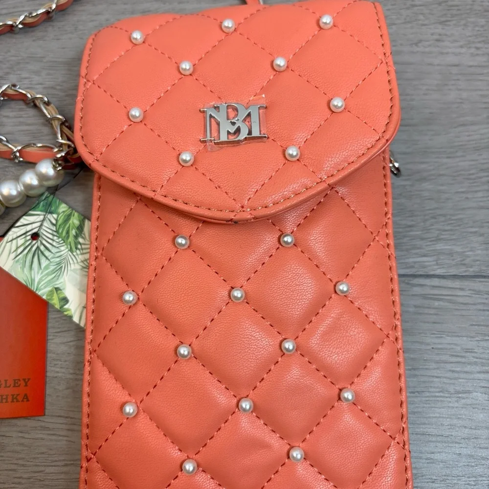 Badgley Mischka Vegan Leather Pearl Phone Case W/Card Holder Coral Crossbody NEW